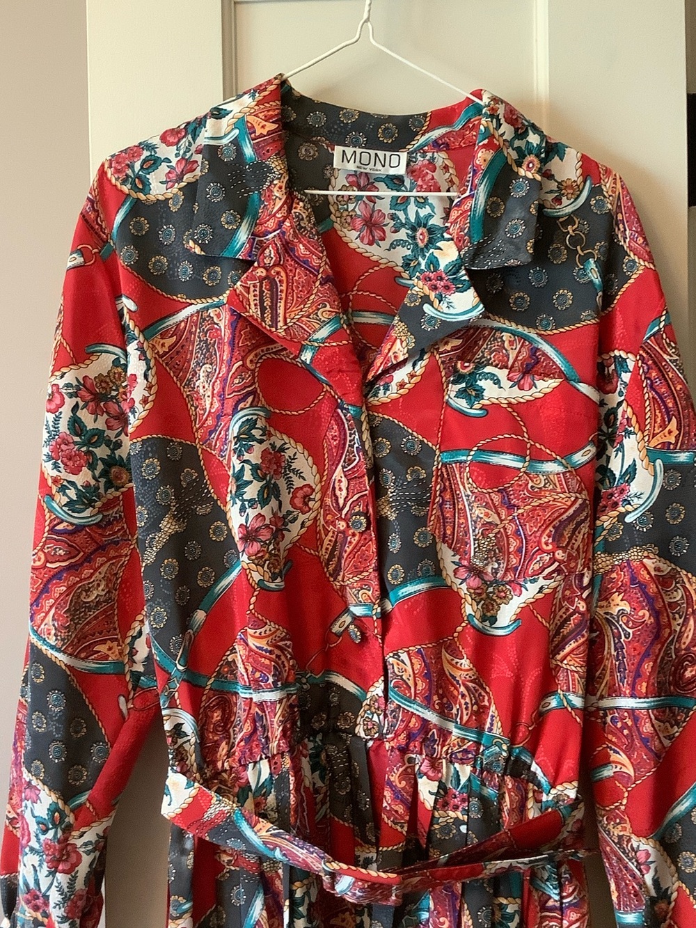 Vintage Retro Mono New York Red Paisley Long-Sleeve Midi Shirt Dress - Picture 2 of 10